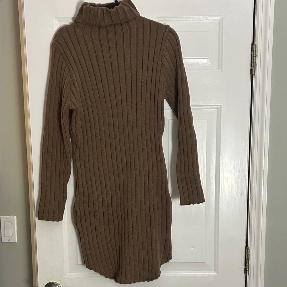 Brown Ribbed Turtleneck Sweater Dress